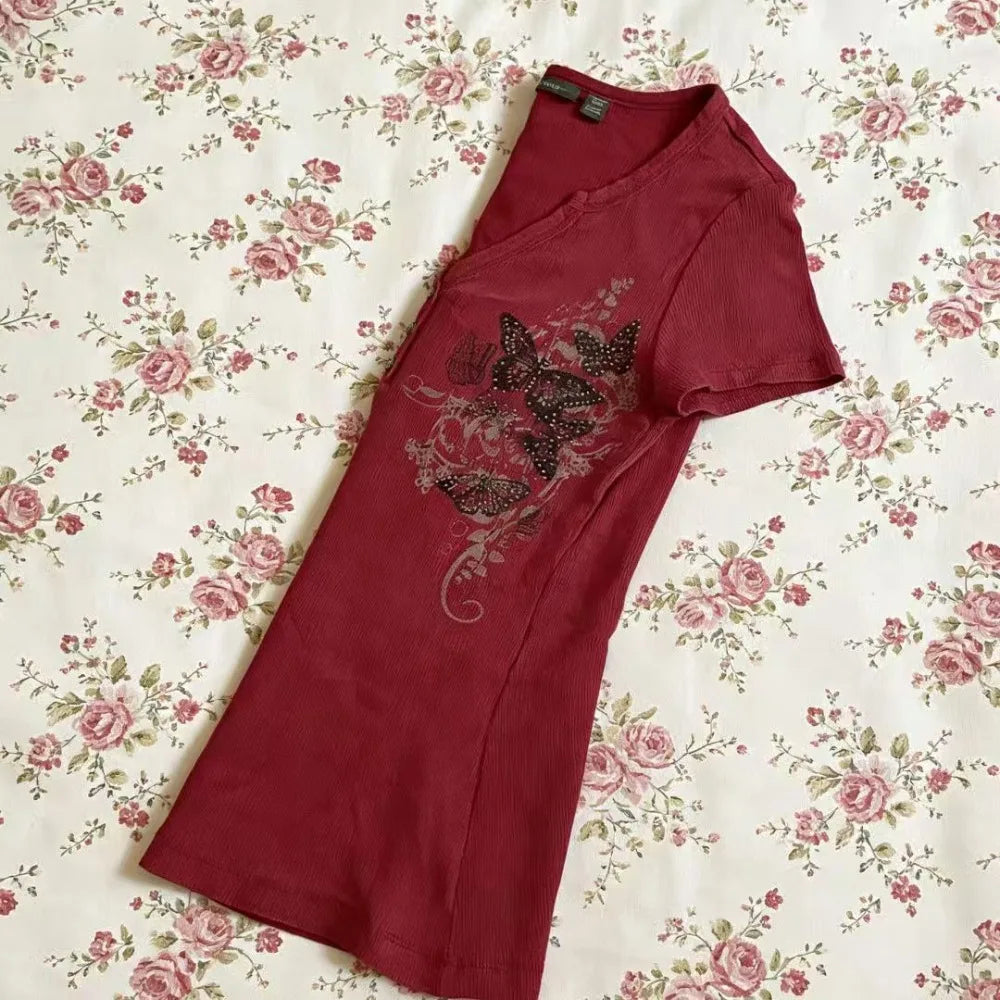 Butterfly Print Slim-fit T-shirt Y2K Harajuku Retro Style Red Punk Chic Women's Streetwear Short Sleeve Junior Size Polyester