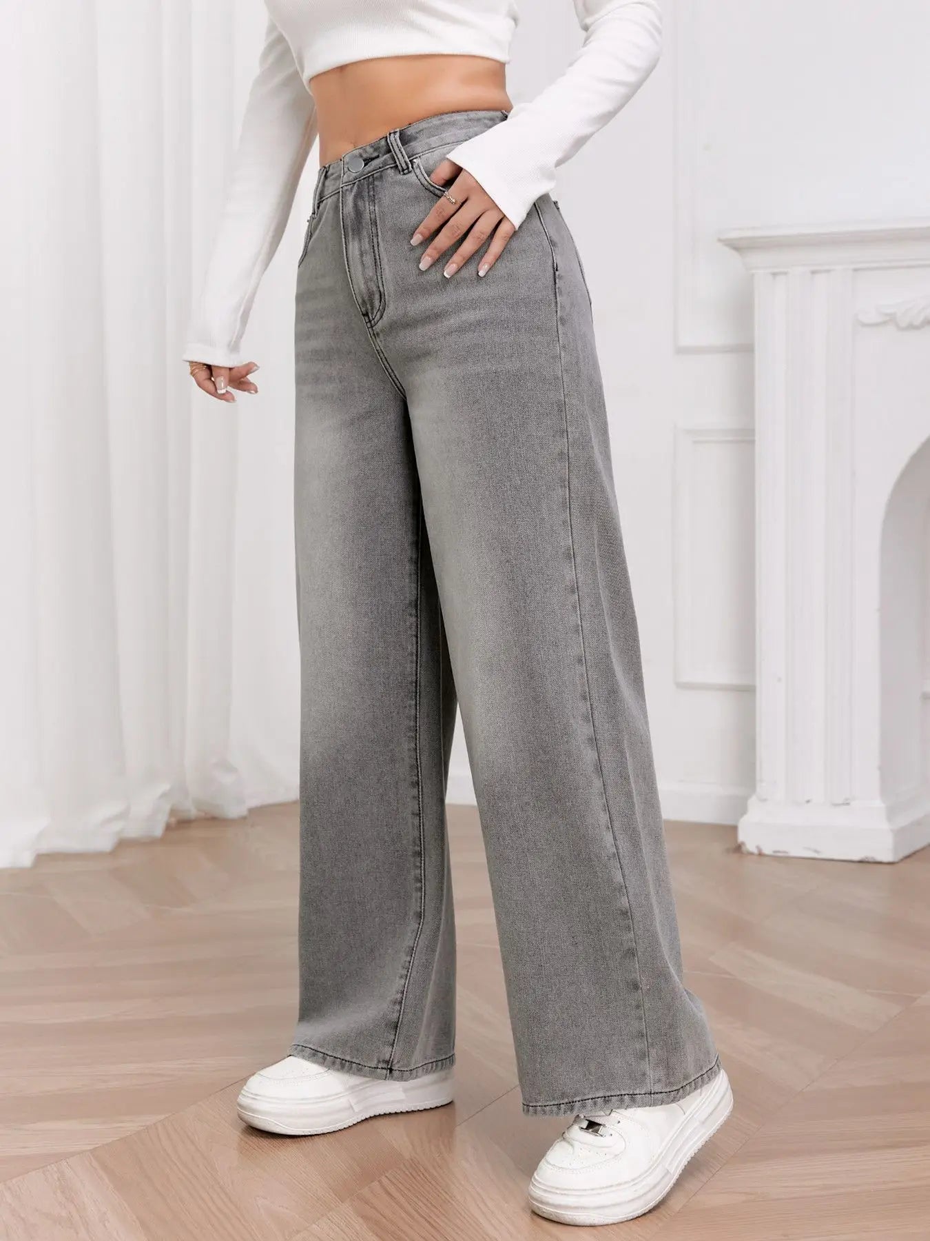 European and N Trend Washed Sky Gray Wide Leg Jeans Women Comfortable Fashion All-around Match Trend Jeans