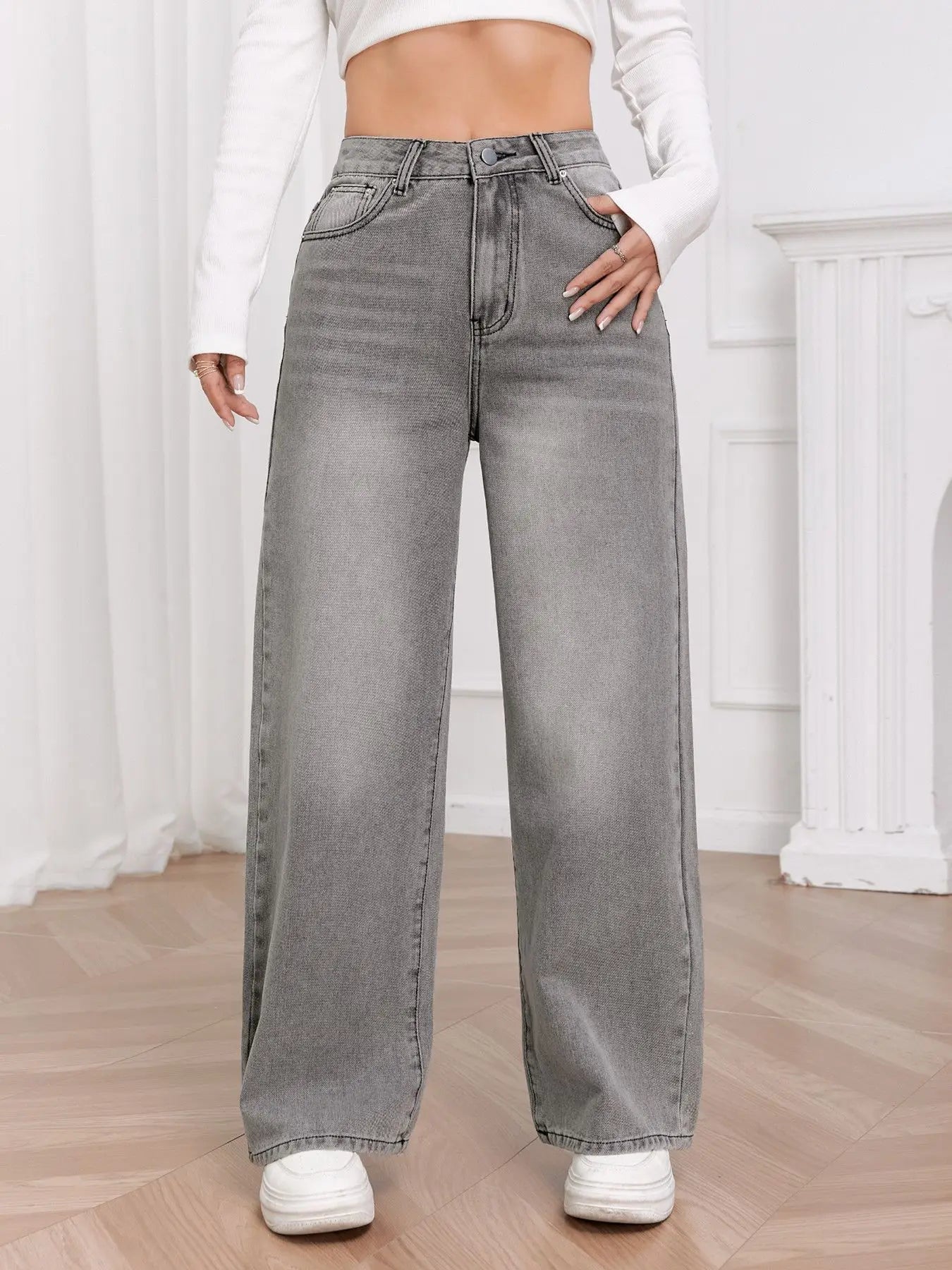 European and N Trend Washed Sky Gray Wide Leg Jeans Women Comfortable Fashion All-around Match Trend Jeans