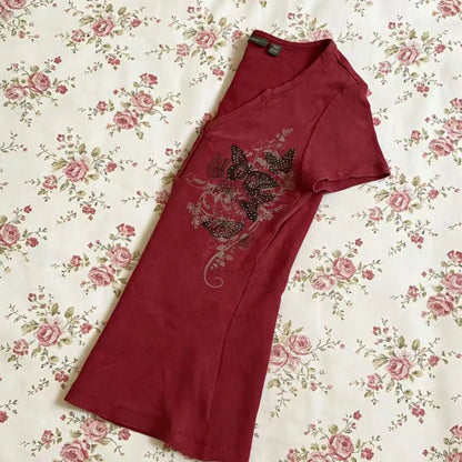 Butterfly Print Slim-fit T-shirt Y2K Harajuku Retro Style Red Punk Chic Women's Streetwear Short Sleeve Junior Size Polyester