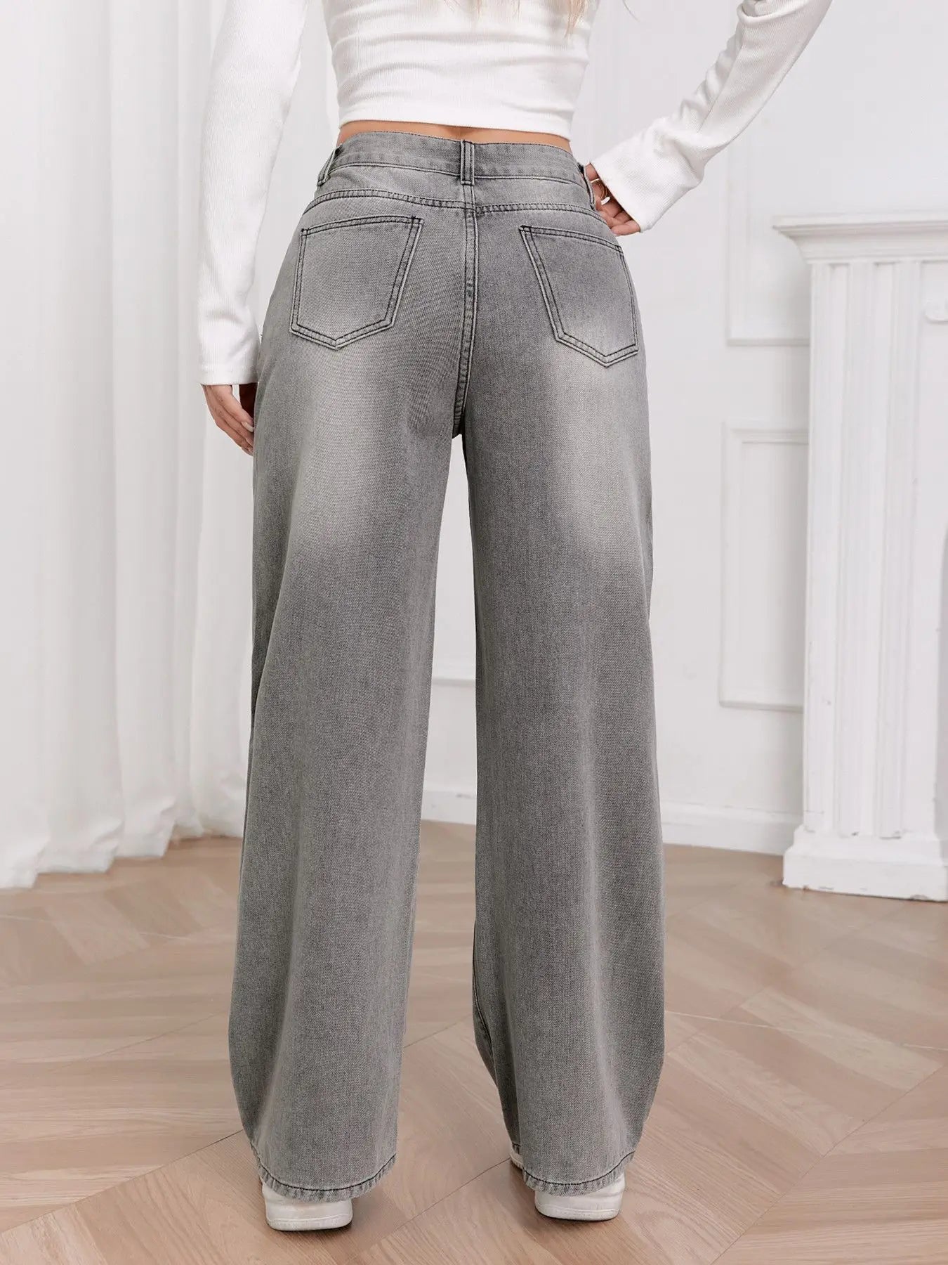 European and N Trend Washed Sky Gray Wide Leg Jeans Women Comfortable Fashion All-around Match Trend Jeans