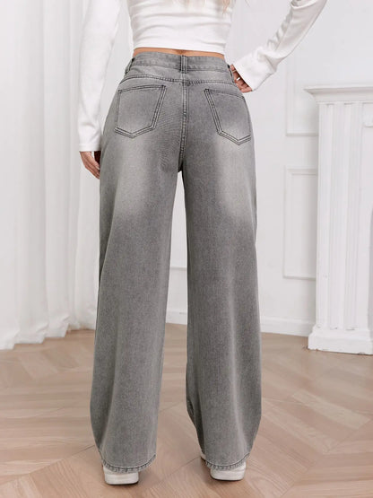European and N Trend Washed Sky Gray Wide Leg Jeans Women Comfortable Fashion All-around Match Trend Jeans