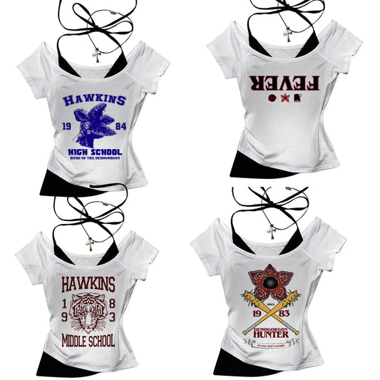 Hawkins Demogorgon White Short Sleeve Vintage Graphic T-Shirt Casual Grunge Basic Top for Women Slim Fit O-Neck Tee
