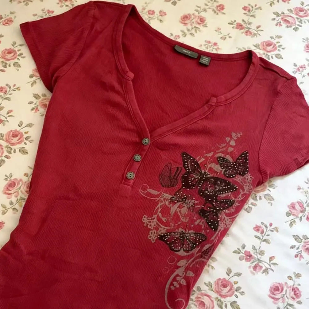 Butterfly Print Slim-fit T-shirt Y2K Harajuku Retro Style Red Punk Chic Women's Streetwear Short Sleeve Junior Size Polyester