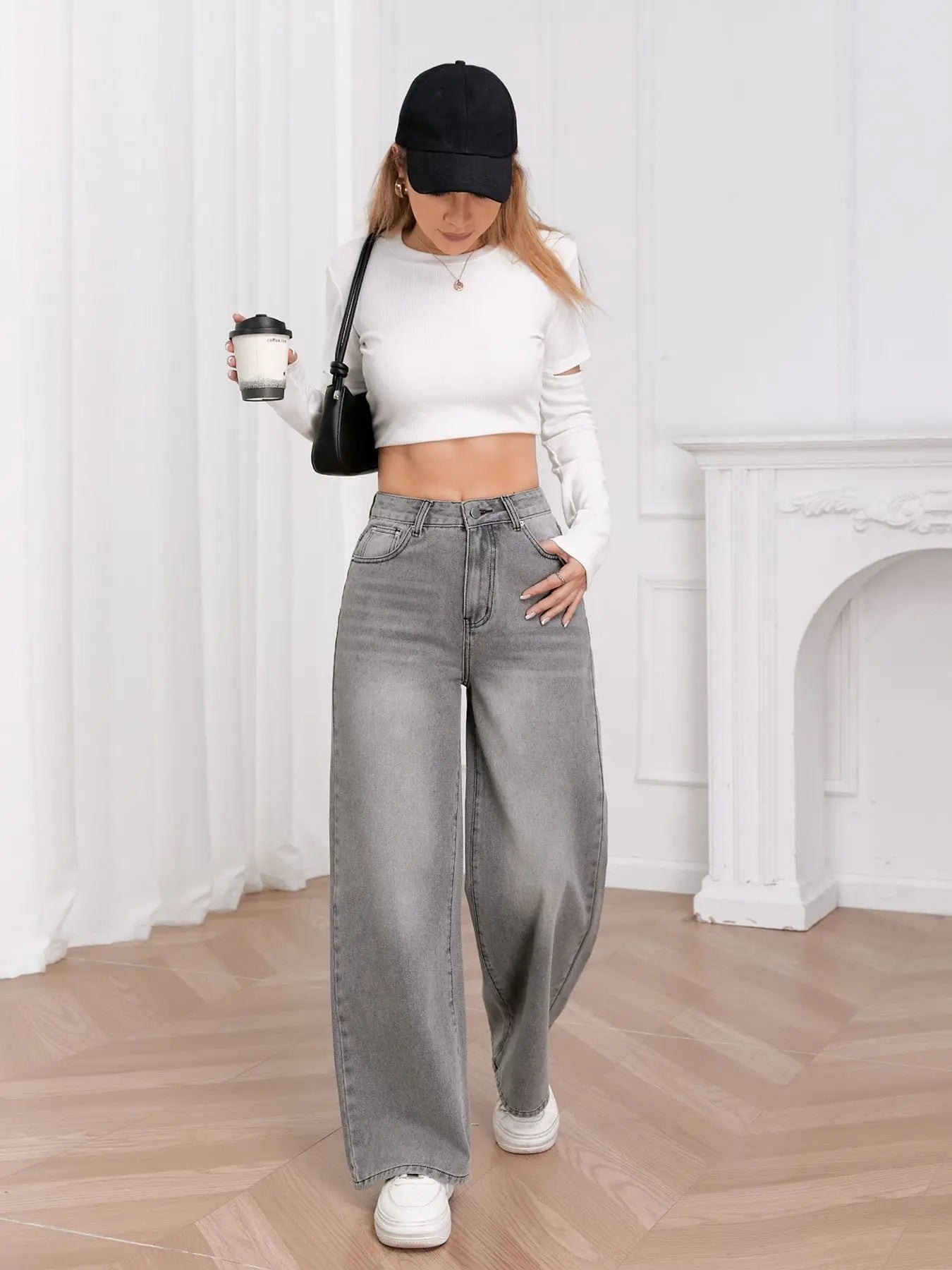 European and N Trend Washed Sky Gray Wide Leg Jeans Women Comfortable Fashion All-around Match Trend Jeans