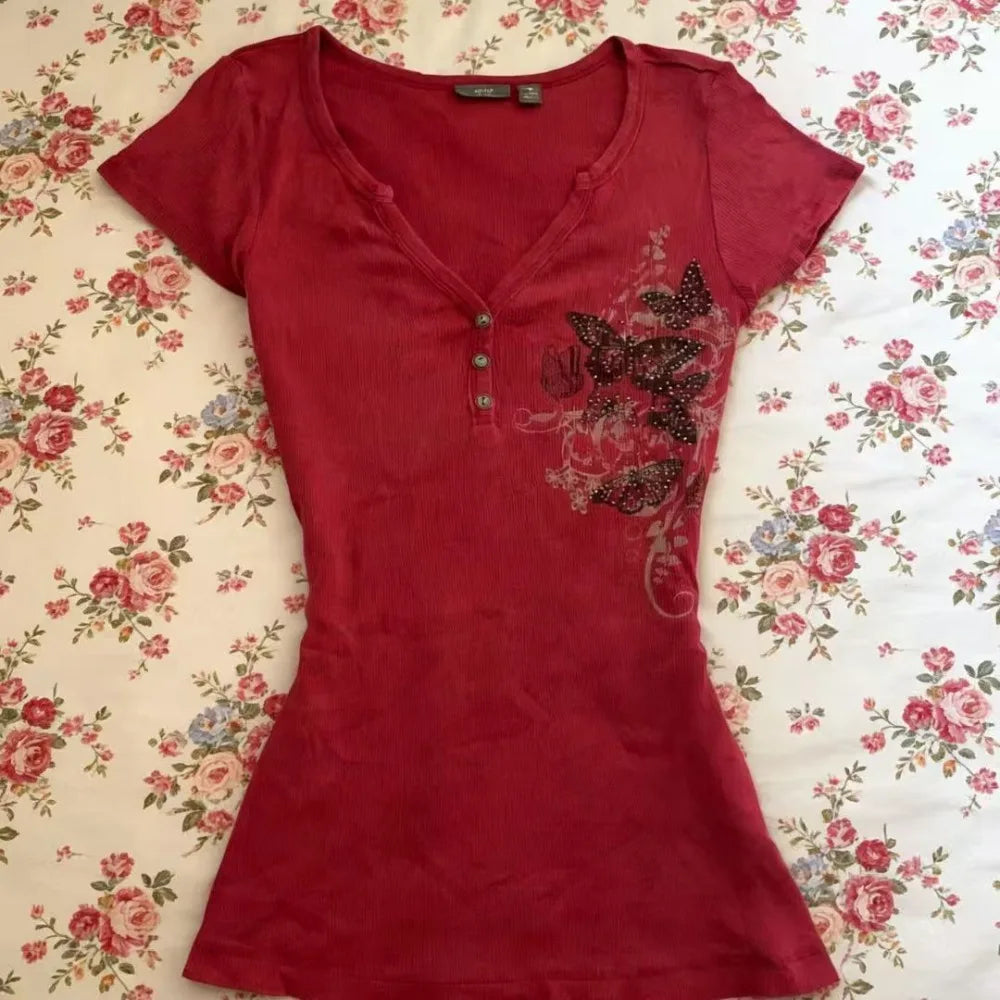 Butterfly Print Slim-fit T-shirt Y2K Harajuku Retro Style Red Punk Chic Women's Streetwear Short Sleeve Junior Size Polyester