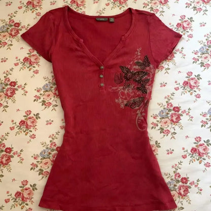 Butterfly Print Slim-fit T-shirt Y2K Harajuku Retro Style Red Punk Chic Women's Streetwear Short Sleeve Junior Size Polyester